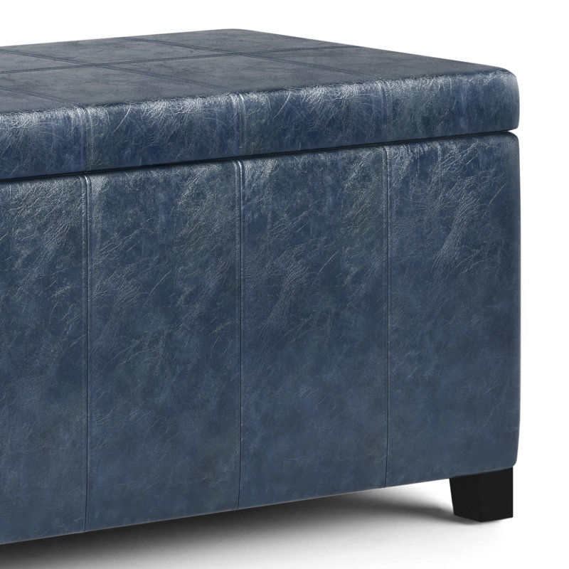 Denim Blue Tufted Faux Leather Storage Footstool