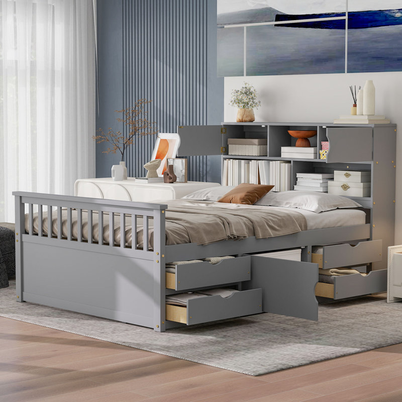 Full Size Storage Bed with Bookcase Headboard, 4 Drawers, Hidden Compartments, No Box Spring Needed, Gray