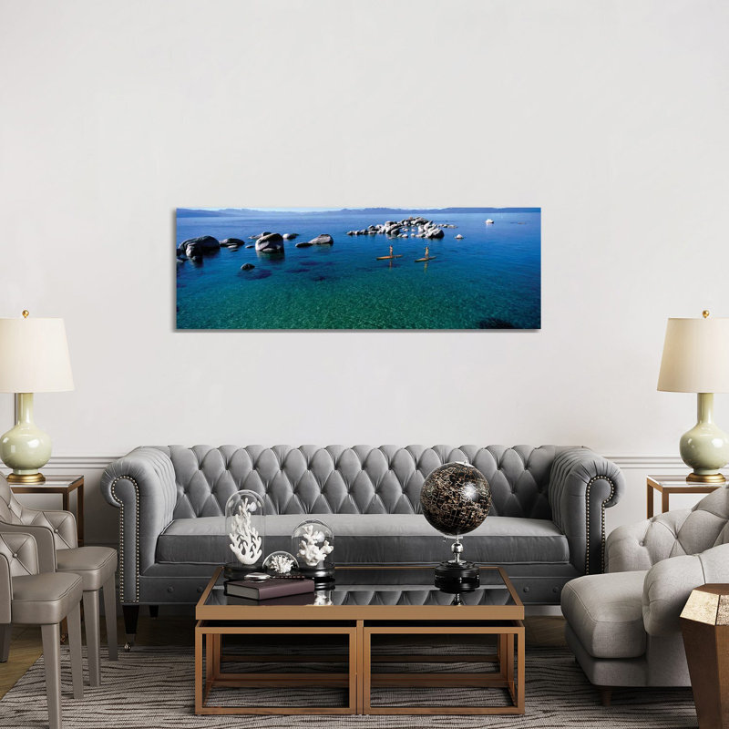 Two women paddle boarding in a lake 2, Lake Tahoe, California, USA 1 Piece Wrapped Canvas Panoramic Wall Art