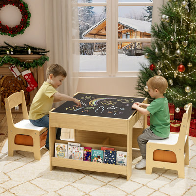Ensemble de table et de chaises pour enfants, bureau d'art pour tout-petits 4 en 1 avec tiroir de rangement, bureau d'activités en bois, tableau noir, plateau de table réversible et amovible, bibliothèque pour dessiner, jouer, apprendre (beige)