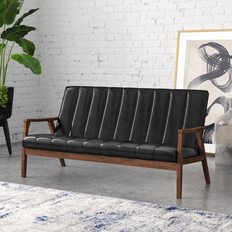 Charda 63.81'' Faux Leather Sofa, Black Faux Leather