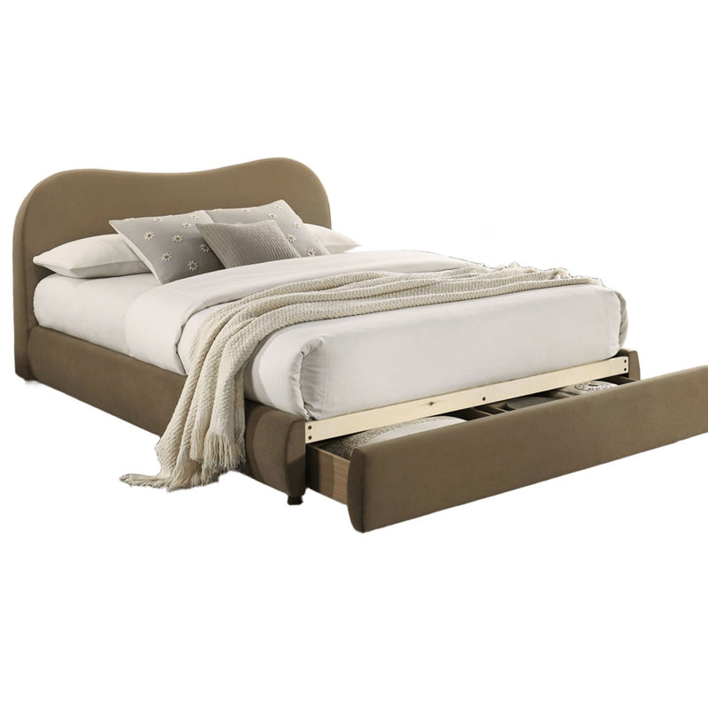 Olive Velvet Upholstered King Bed With Curved Headboard And Storage, Contemporary Bedroom Bedframe Eastern Velvet, Headboard, Storage Space, Solid Wood Base