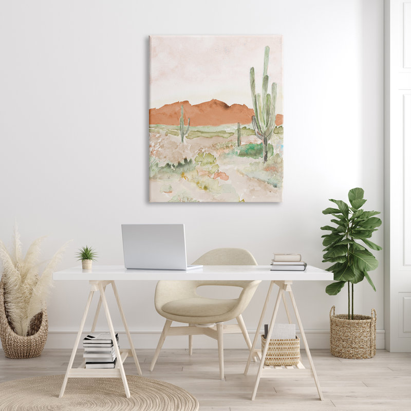 Cactus Plants Dry Desert Scene Distant Cliff par Lanie Loreth - Peinture, Toile tendue, H 48 po x l 36 po x P 1,5 po