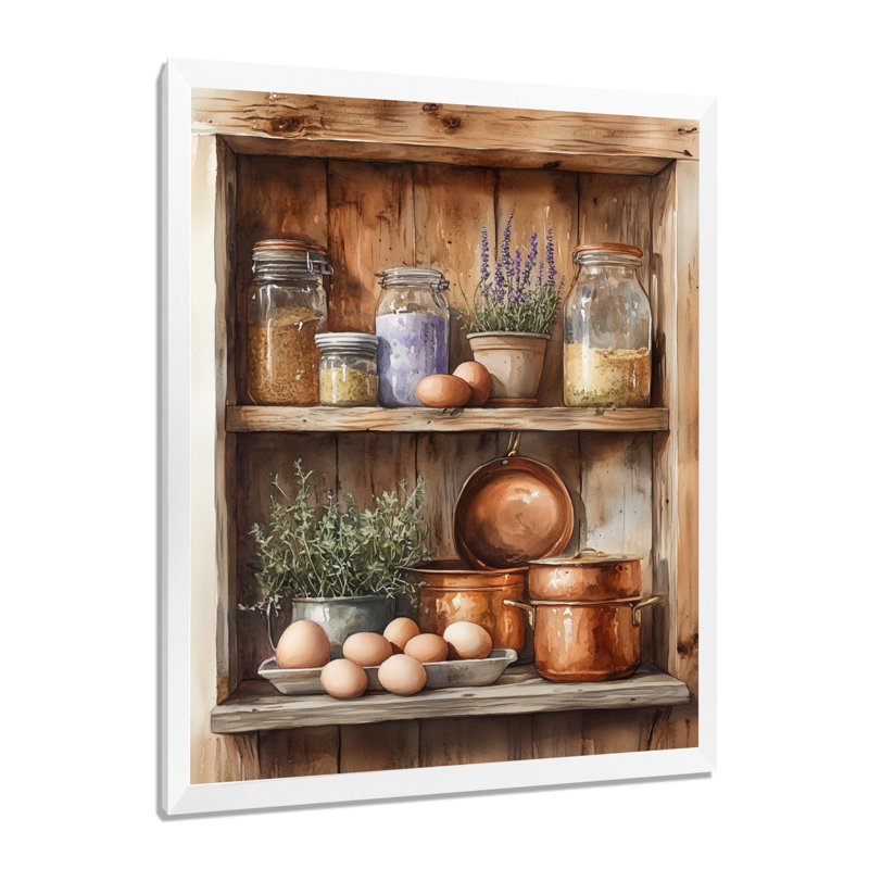 Nature morte rustique brune et violette sur une tablette de cuisine I - Tableau encadré, H 40 po x l 30 po