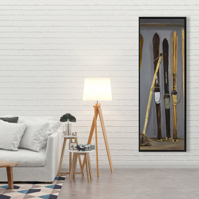 Ski Poles and Vintage Skis - Grey Holidays Framed Canvas Decor