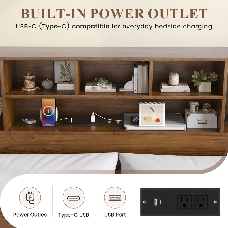 Modern Wood Bookcase Headboard with LED Lighting & Charging Station — Space-Saving Design for Queen & King Beds, Brown, King