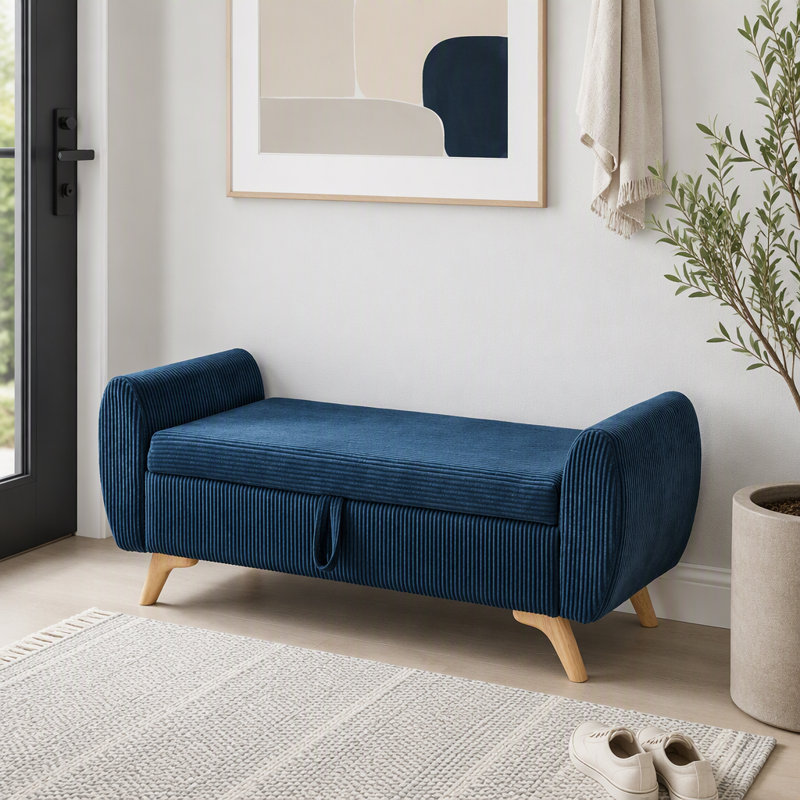 Banc rembourré en velours côtelé avec rangement 57 po, Bleu