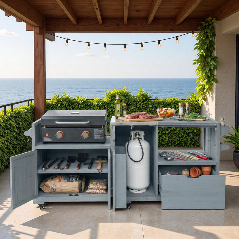 Îlot de cuisine extérieur avec plateau en acier inoxydable, tiroir, table d'appoint réglable, porte-serviettes en papier et support à épices