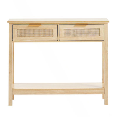 Console en rotin avec 2 tiroirs de rangement, table d'entrée en rotin avec porte coulissante en rotin naturel, table console pour salon, bureau, entrée ou mur de télévision, naturel