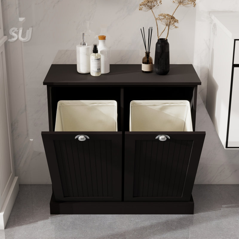Armoire de trieur de linge inclinable à deux compartiments, Noir
