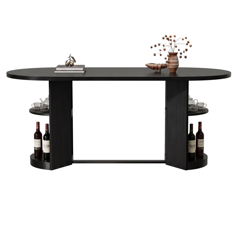 Table de salle à manger ovale extensible moderne 6 places de 180 cm (71 po) avec rallonge papillon, étagères de rangement dissimulées sur les deux côtés et pied central cannelé.
