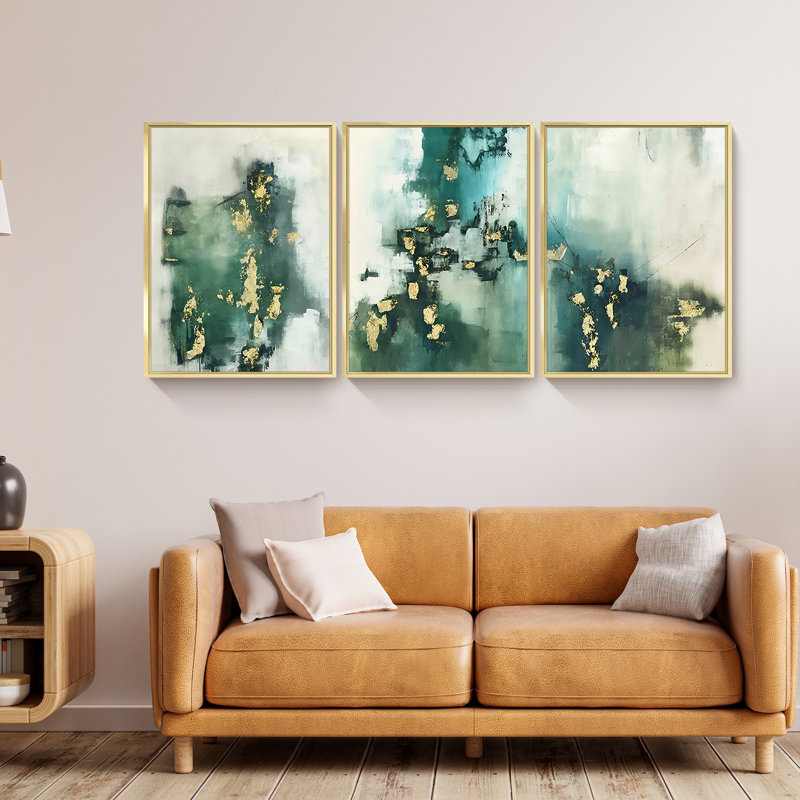 Abstrait - Peinture sur toile 3 pièces, H 16 po x l 36 po x P 1,5 po, Or