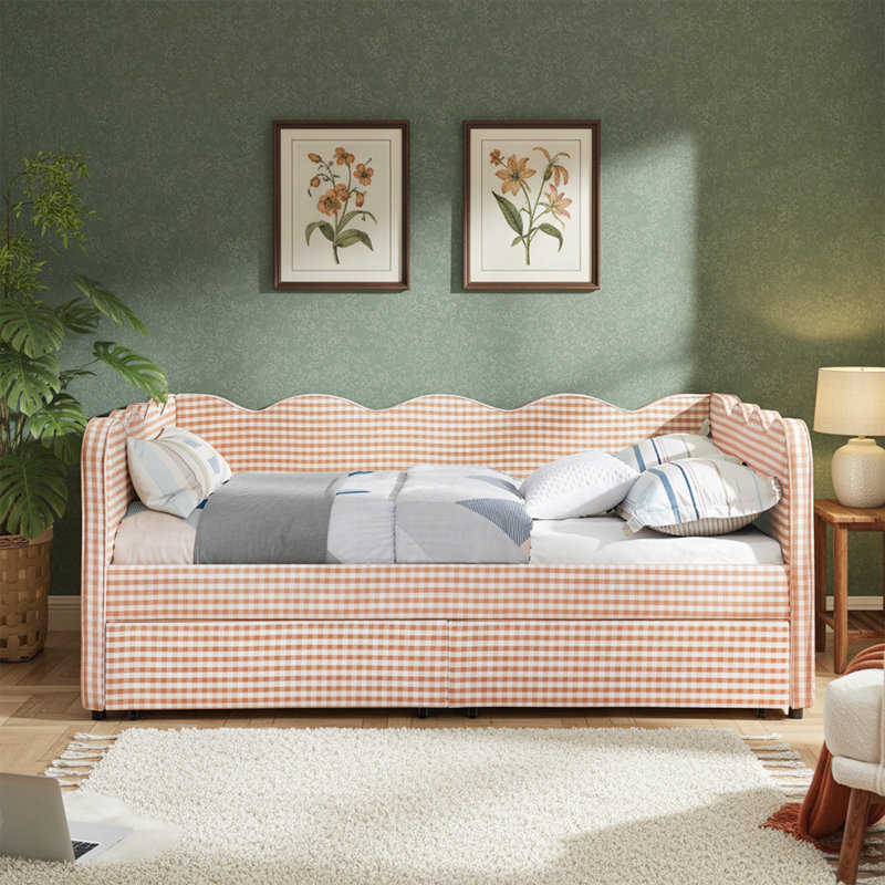 Lit de jour Cozy Gingham avec deux tiroirs de rangement, port USB et adorable tissu en forme de vague, Lit double, Rose