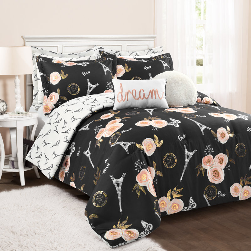 Vintage Paris Rose Butterfly Script Reversible Comforter Set, Black