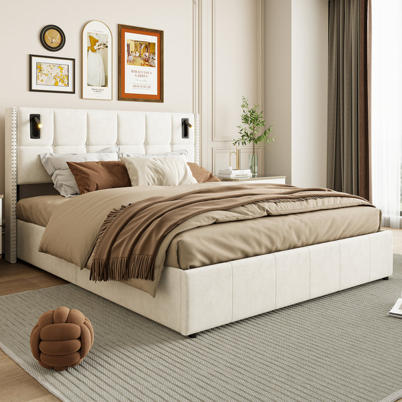 Upholstered Ottoman Storage Bed, Beige, European Kingsize (160 x 200 cm)