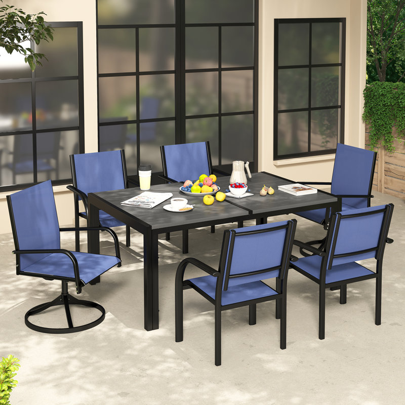 7-Piece Outdoor PVC-coated polyester Patio Dining Set, Large Table & 4 Stackable & 2 Swivel Chairs With PVC-coated polyester Mesh Fabric, All Weather Patio Furniture Set