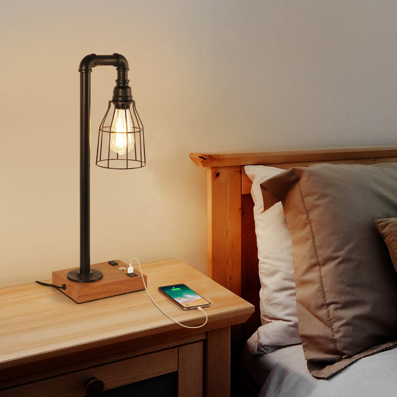 Lampe de table moderne avec station USB, lampe de chevet de ferme industrielle (sans ampoule)