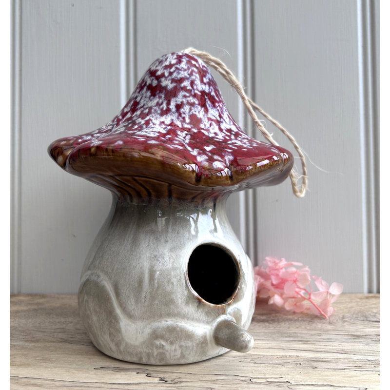Selke Variable Glaze Ceramic Mushroom / Toadstool Birdhouse Hanging, Red/White