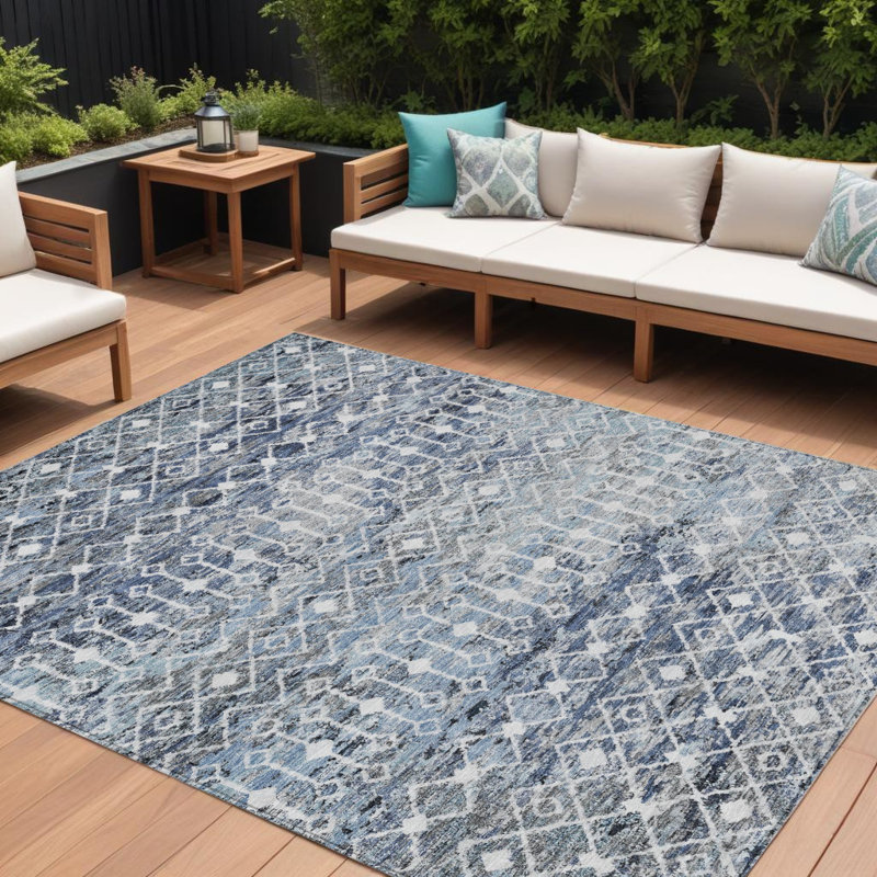 Tapis intérieur / extérieur lavable 9 pi x 12 pi bleu et argent Argyle