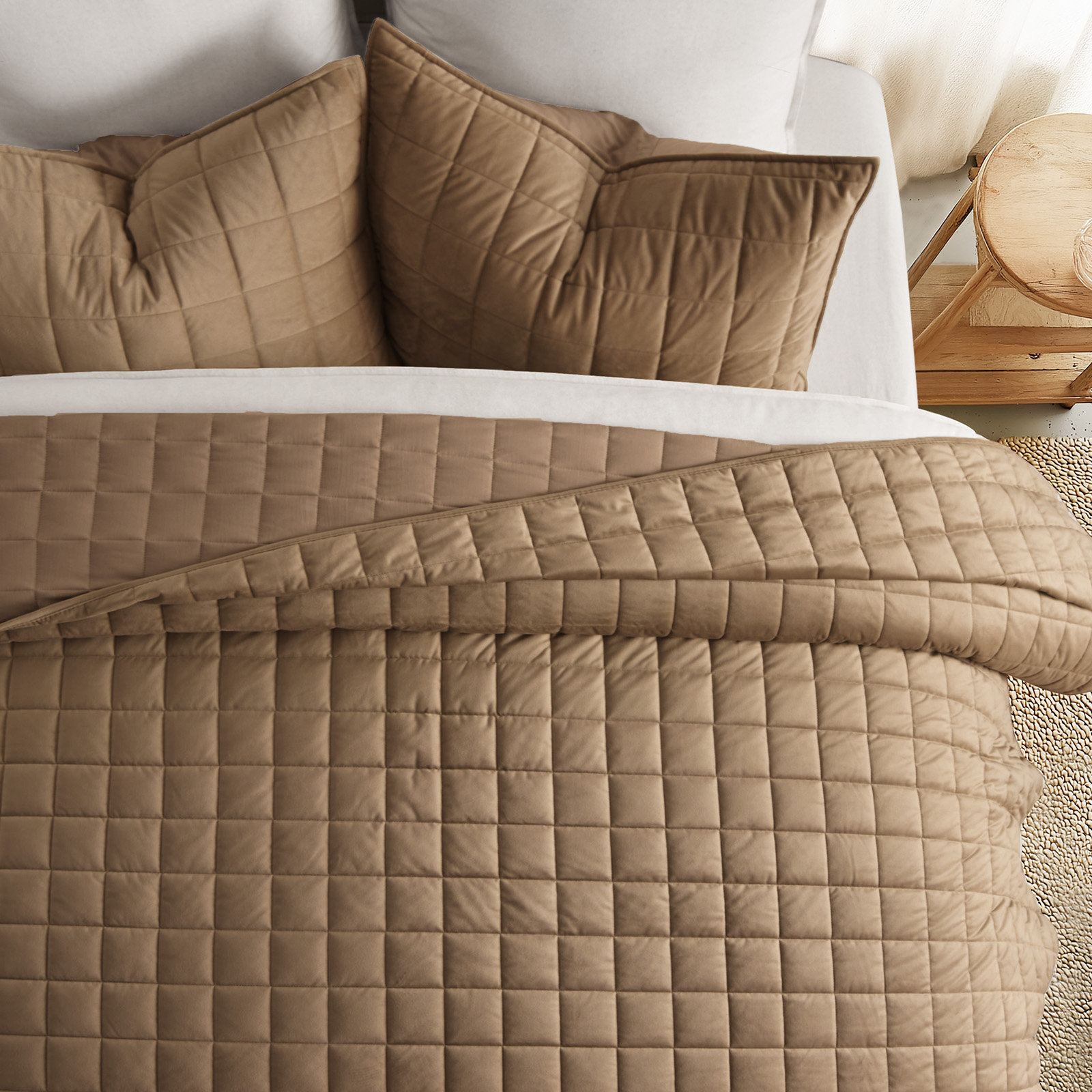Box Stitch PearlVelvet Quilt set, King Quilt + 2 King Shams, Camel