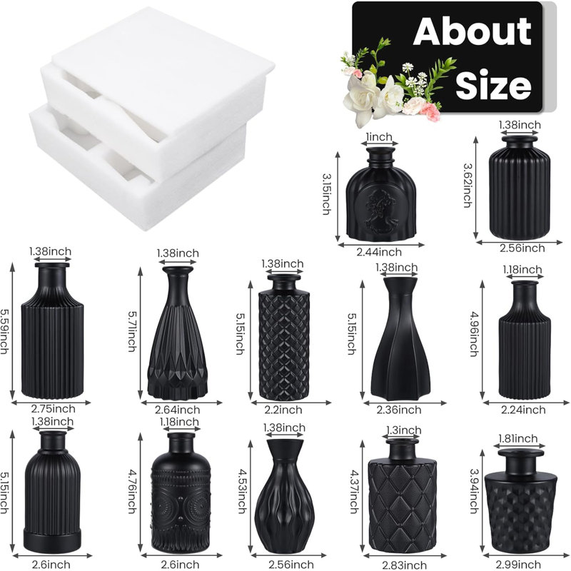 Set Of 12 Black Glass Bud Vases