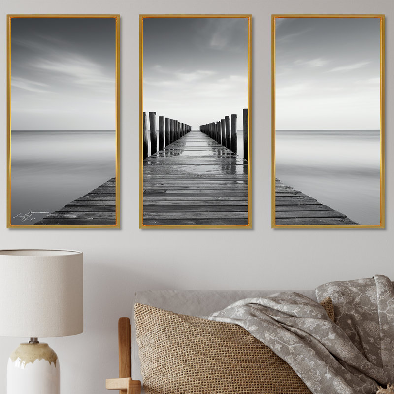 Quam - ensemble d'art mural en toile Coastal Pier, Cadre flottant doré, H 28 po x l 36 po x P 1 po