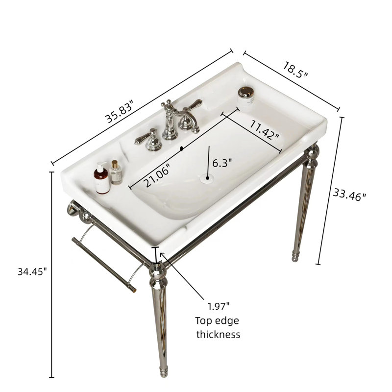 Luxueux lavabo console avec lavabo en céramique de qualité supérieure et pieds élégants en acier inoxydable, Blanc