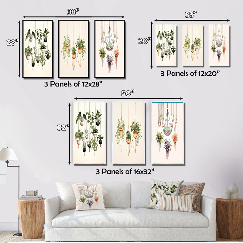 «Hanging Houseplants Boho Botanical Watercolor», 3 pièces sur toile, Toile tendue, H 28 po x l 36 po