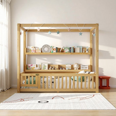 Lit à baldaquin pleine grandeur pour enfants avec garde-corps et tablettes de rangement Montessori - Bois massif naturel