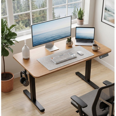 eDesk, Electric Desk 120cm  47.3"  Home Electric Height Adjustable Standing Desk, T-Shape Light Rustic Brown, Ergonomic Dual Monitor Workstation with 3 Height Memory Presets, Headphone Hook, Easy Assembly for Home Office, Bedroom & Study