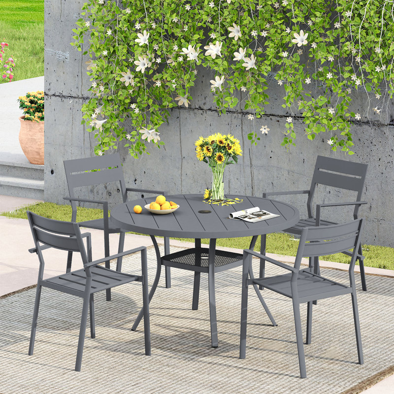 Ensemble de salle à manger de patio avec table ronde en métal et 4 chaises de salle à manger avec accoudoirs en métal, Gris
