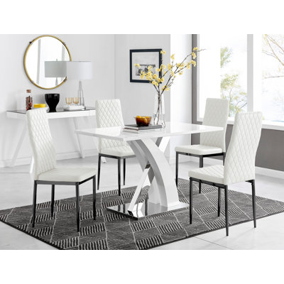 Marietta Chrome Metal & White High Gloss Dining Table Set - 4 Soft Touch Faux Leather Dining Chairs