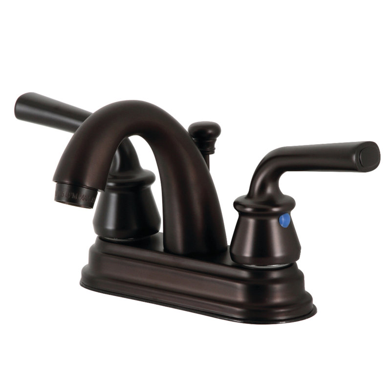 Kingston Brass Restoration Two-Handle 3-Hole Deck Mount 4" Centerset Bathroom Faucet with Plastic Pop-Up, Oil Rubbed Bronze