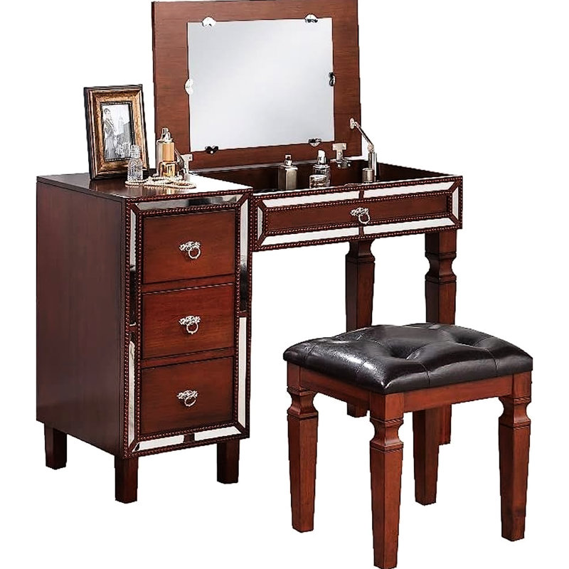 Traditional Bedroom Vanity W Stool - Cherry Tone, Multiple Storage Options, Seat, Pine & Rubber Wood Construction + Poplar Veneer,