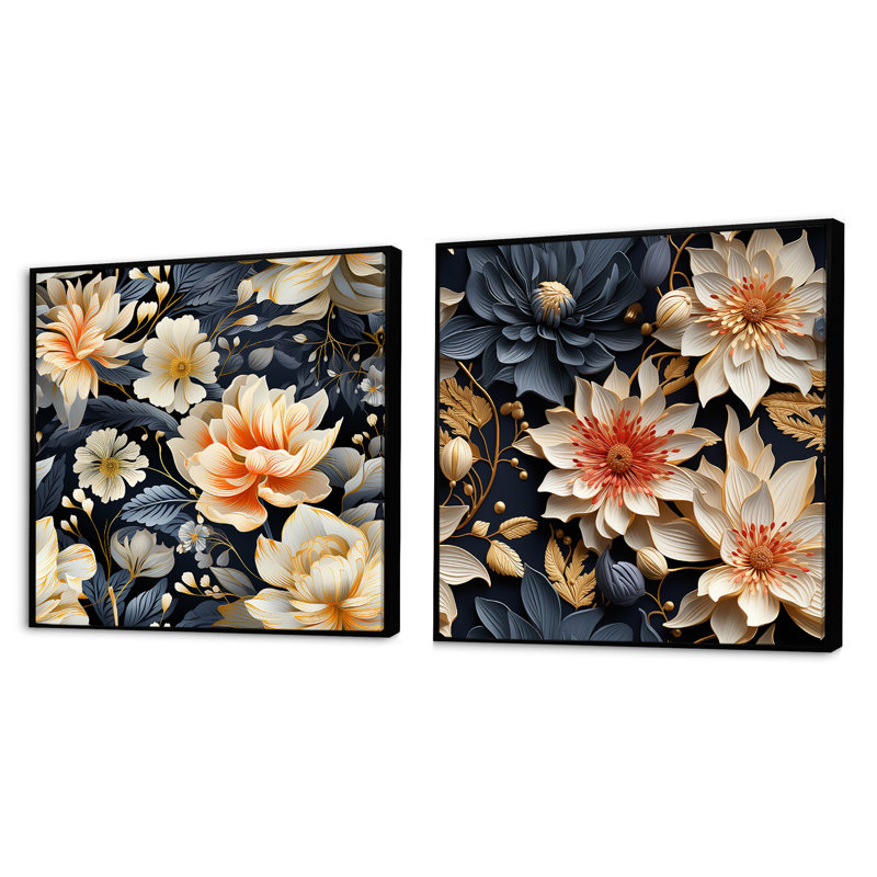 «Peach Ethereal Elegance Floral Blooms», ensemble de 2 collages floraux carrés, Cadre flottant noir, H 16 po x l 33 po
