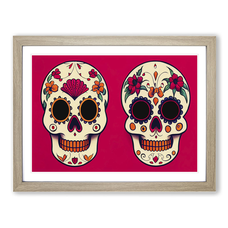 Floral Sugar Skulls - Single Picture Frame Print, 46cm H x 64cm W x 2cm D, Oak