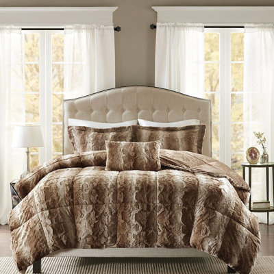 Édredon de luxe en fausse fourrure double / grand, édredon ultra doux, 2 taies décoratives, oreiller brun douillet 4 pièces avec décoration