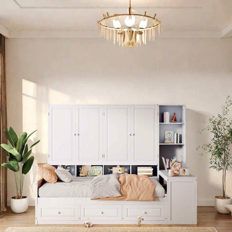Multi-Functional Daybed with Desk, Shelves, Cabinets and Drawers, Space-Saving Bed Frame with Storage, Reversible Layout, Wood Frame for Bedroom, Apartment, Home Office