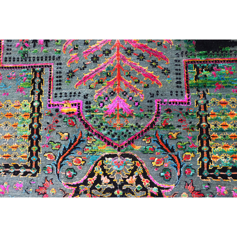 Hand Knotted Oriental Area Rug in Green/Multi, Rectangle 9' x 12'
