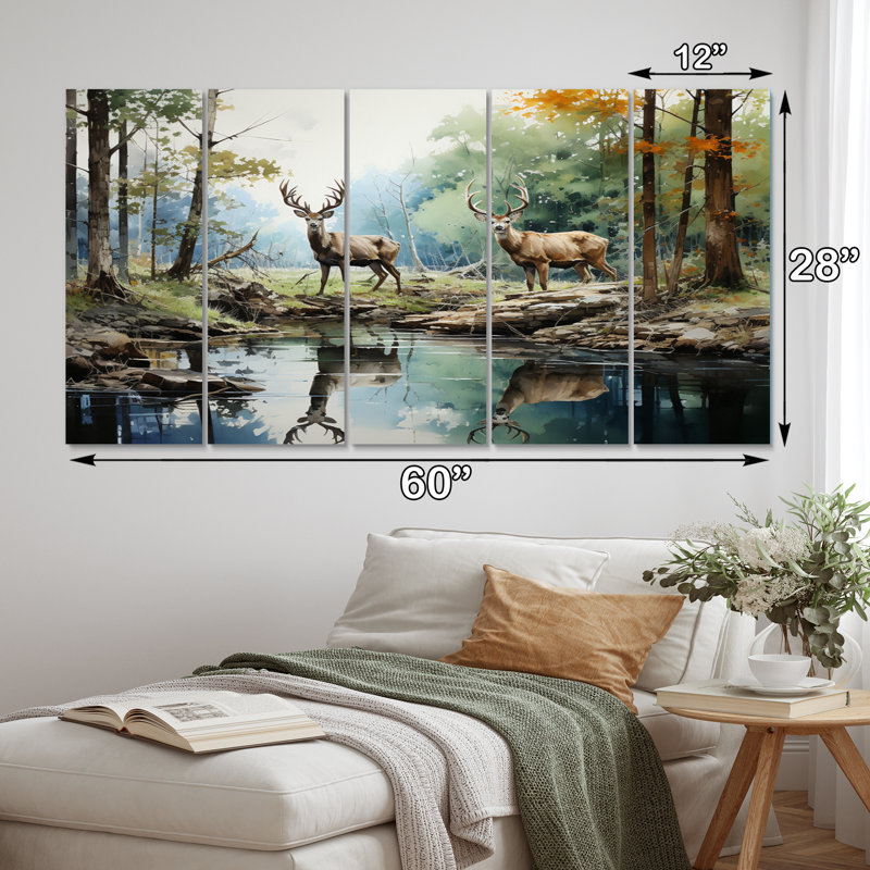 «Deer Majestic Reflections on Canvas», reproduction de 5 pièces