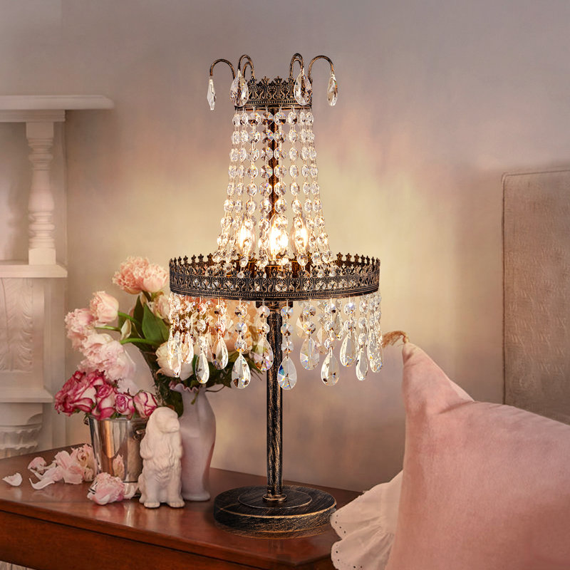3-Light Bronze Crystal Table Lamp Light