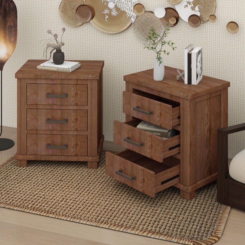 Rustic Three Drawer Reclaimed Solid Wood Farmhouse Nightstand Set Of Two