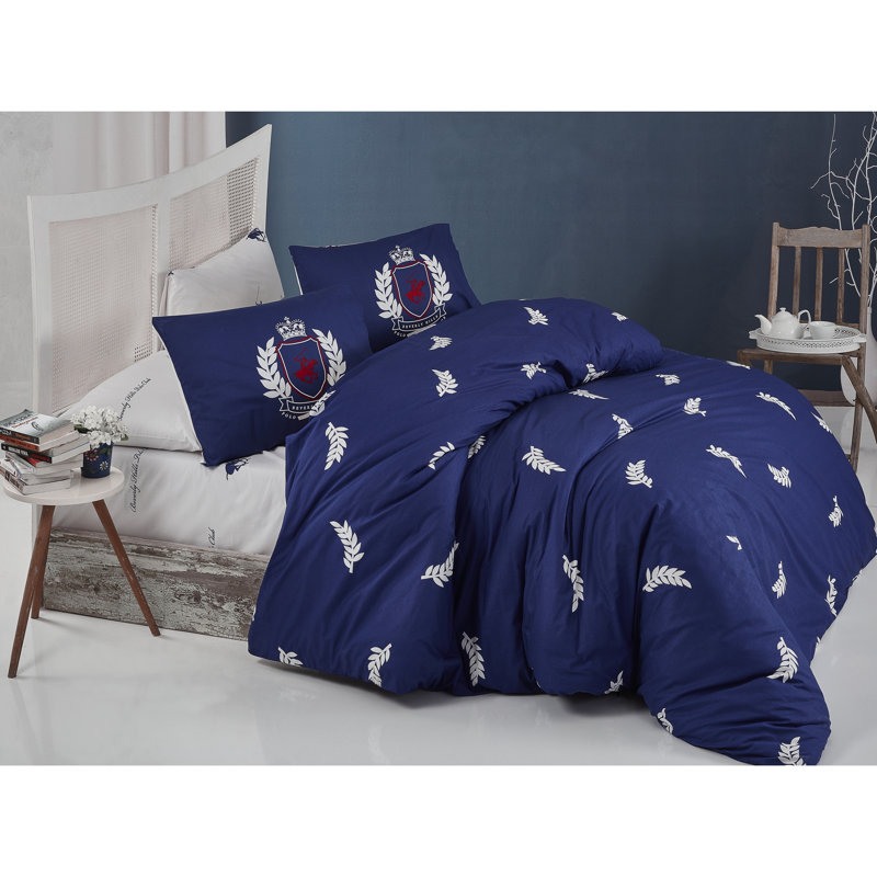 Ensemble de housse de couette 100% coton bleu foncé / blanc, Housse de couette double + 2 taies d'oreiller stan