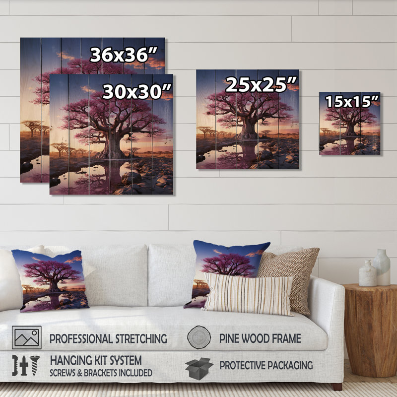 Baobab Trees Enchanted Hues I - Art Baobab sur bois de pin naturel, H 36 po x l 36 po