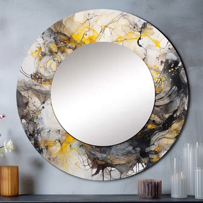 Yellow Grey Marble Symphony II - Abstract Decorative Mirror, Yellow Round Wall Mirror, Printed Metal Art