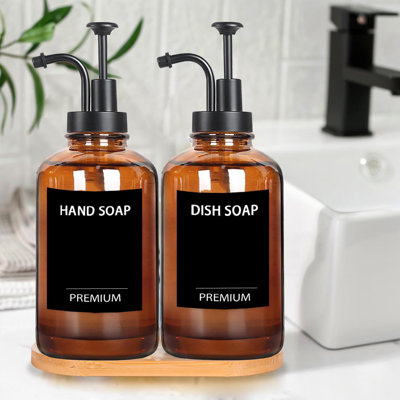 Distributeur de savon à vaisselle pour la cuisine, distributeur de savon à main en verre avec pompe, plateau, entonnoir pour la salle de bain, douche, lessive, liquide, lotion (paquet de 2 bouteilles de 18 oz avec 12 autocollants)