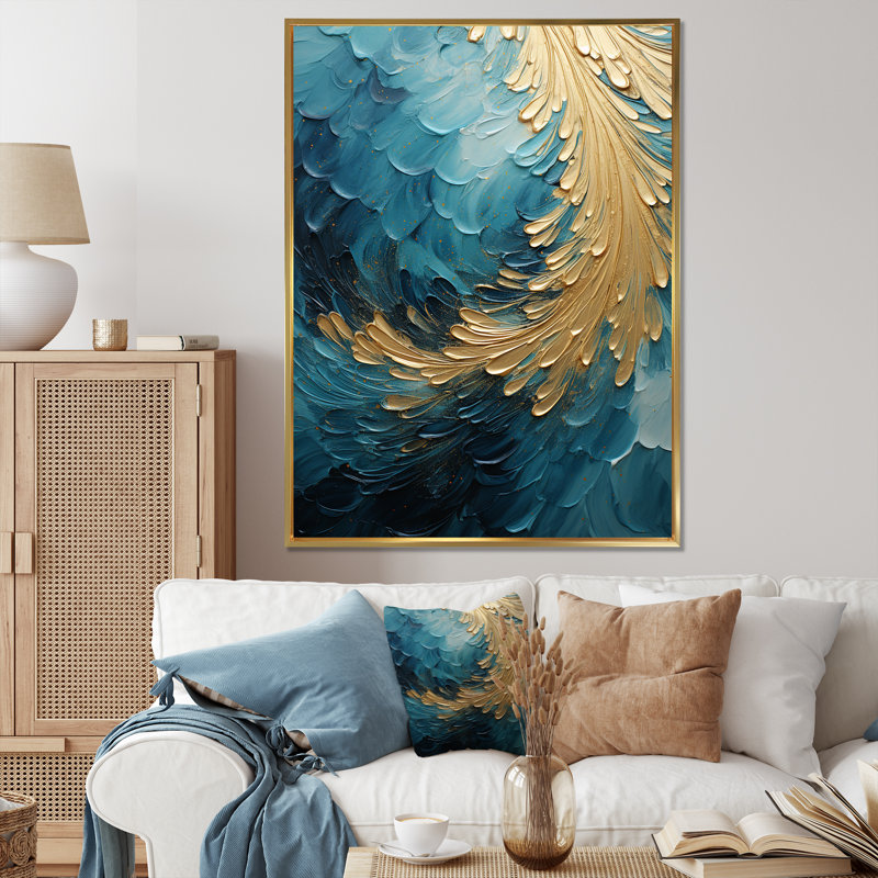 Gold Teal Ocean Spiral I - Abstract Spirals, reproduction sur toile encadrée, H 20 po x l 12 po x P 1 po, Cadre flottant doré