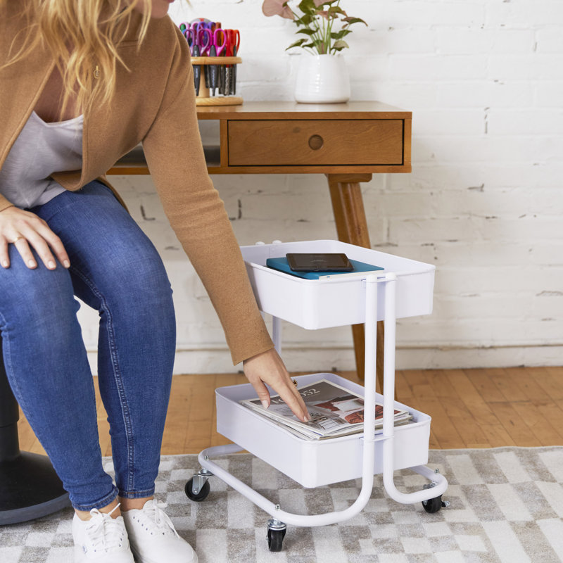 White Metal 2-Tier Rolling Utility Cart with Mesh Baskets