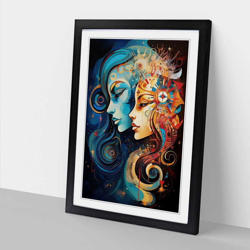 Gemini Zodiac Abstract - Single Picture Frame Print on Wood, Black, 34cm H x 25cm W x 2cm D