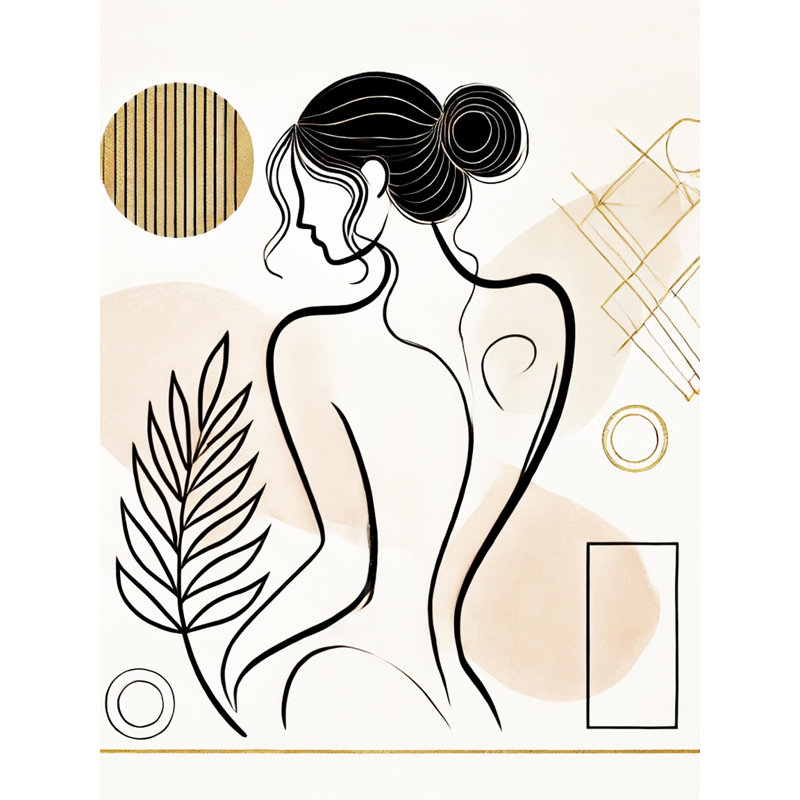 «Golden Silhouette», art mural sur toile abstraite avec dessin au trait botanique, H 24 po x l 16 po